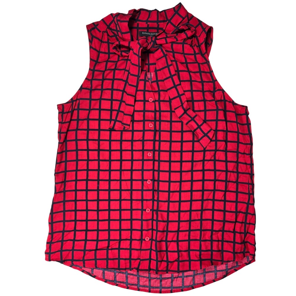 Banana Republic Womens Red Black Plaid Tie Neck Sleeveless Blouse S